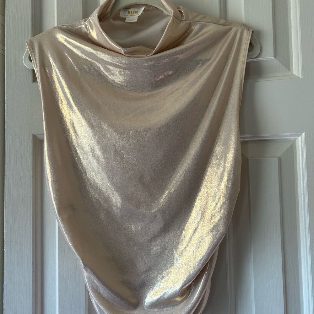 Maeve Anthropologie Metallic Champagne Sleeveless Cowl Neck Top